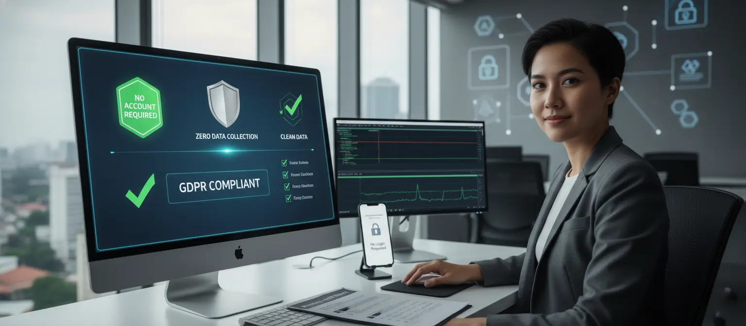 Pat Reyes, Senior Privacy Officer at PrivacyGuard Solutions, working at a cybersecurity workstation with privacy-focused AI tools displayed on screen, showing "No Account Required" and "Zero Data Collection" indicators, professional Makati office setting