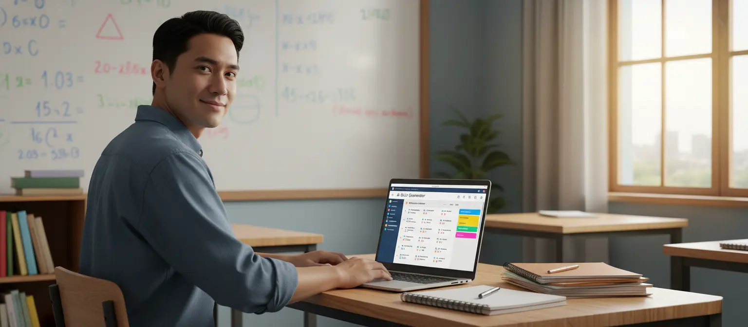 Sir Ben Cruz, Filipino high school teacher at classroom desk using AI quiz generator on laptop, stack of graded papers organized nearby, whiteboard with Science and Math equations in background, warm professional educational setting, teacher productivity and work-life balance