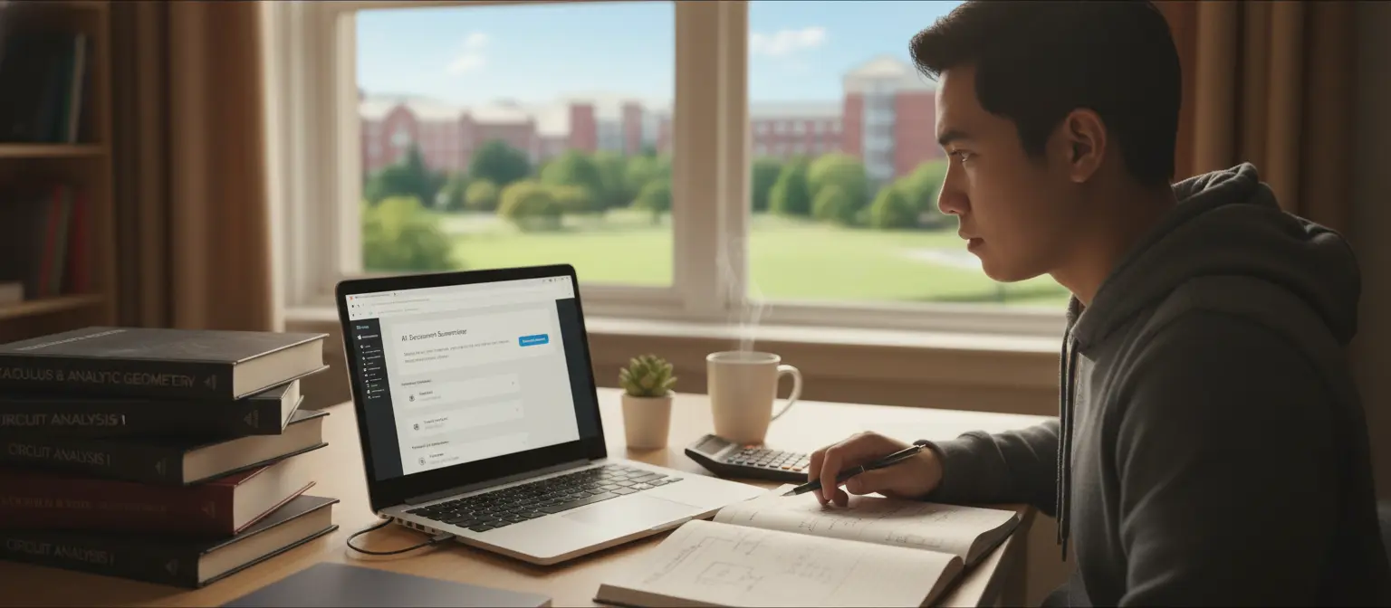 Gab Reyes, Filipino engineering student at study desk with laptop displaying AI study tools interface, stack of engineering textbooks (Calculus, Circuit Analysis), organized notes, scientific calculator, coffee mug, university campus visible through window, focused studying atmosphere, warm educational lighting, academic success and productivity