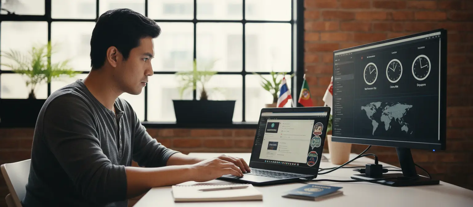 Filipino-American software developer Sam Rodriguez, 31, working on laptop at coworking space in Mexico City Condesa neighborhood, showing multiple AI tools (ChatGPT, Claude, Notion, Figma) on screen with world clock displaying multiple time zones (San Francisco, Mexico City, Lisbon, Chiang Mai, Singapore), modern workspace with passport and travel gear visible, natural lighting, professional remote work setup, photorealistic