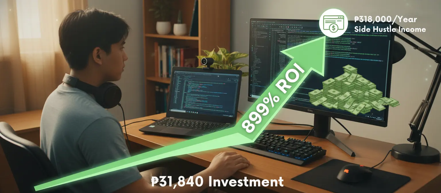 Young Filipino Computer Science student Marco (21) working at his budget home office setup with ThinkPad T480 laptop, AOC monitor, mechanical keyboard, showing code on screen and sticky notes with savings calculations, demonstrating smart tech shopping strategy on ₱30,000 budget