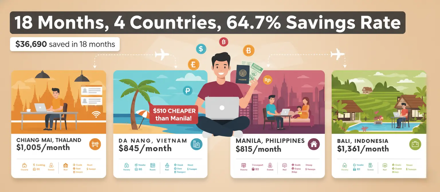 Infographic showing Filipino remote developer's digital nomad journey across 4 countries: Thailand, Vietnam, Philippines, Bali with budget breakdowns, visa costs, and savings comparison to Manila lifestyle