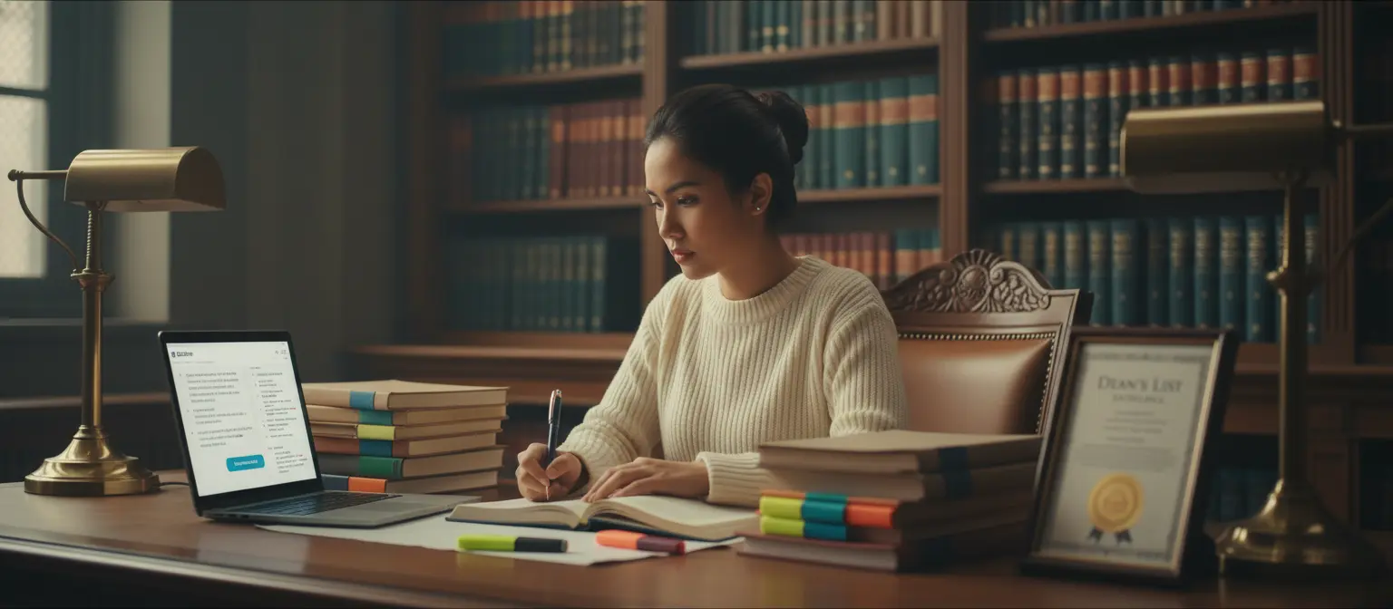 Rica Santos, 3rd-year law student at UP College of Law, studying legal cases with AI document summarizer on laptop, case briefs organized on desk, Dean's List certificate visible, professional law school library setting