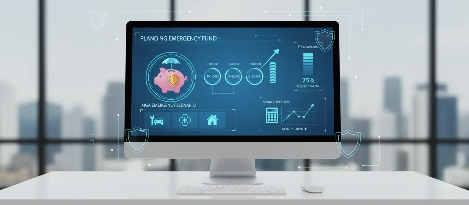 Professional illustration of emergency fund planning and financial safety net building - featuring savings goal milestones, piggy bank with shield protection, emergency expense scenarios, and step-by-step savings strategy