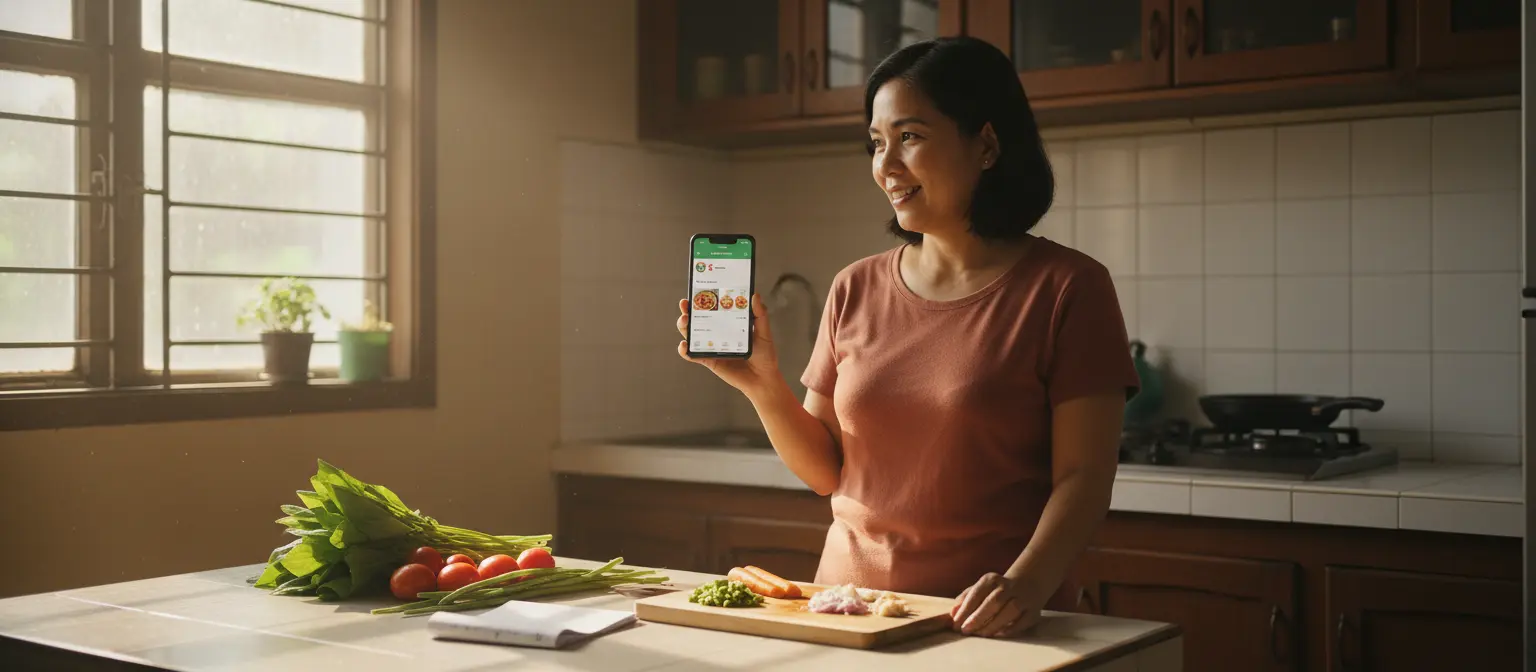 Filipino working mother Joy using meal planner on smartphone in her Quezon City kitchen, with fresh vegetables, grocery list, and family meal prep in the background, demonstrating budget-friendly home cooking