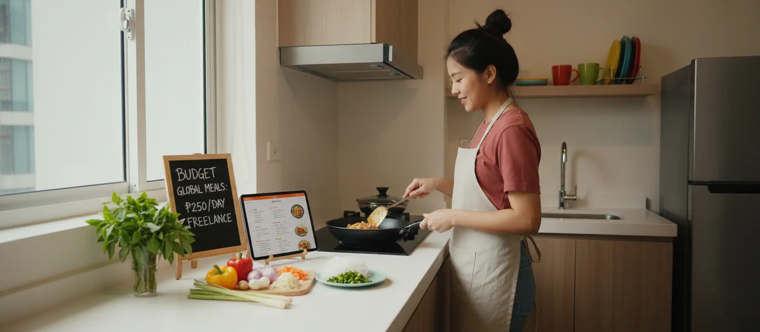 Young Filipino graphic designer Liza (27) cooking international cuisine Thai pad thai in her Makati studio apartment kitchen, with fresh lemongrass, Thai basil, rice noodles, and recipe displayed on tablet, demonstrating budget-friendly global meal planning on ₱250 per day for freelancers