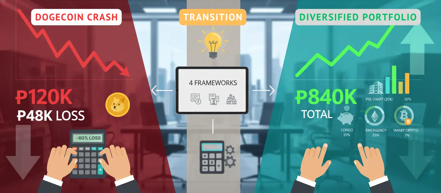 Young Filipino professional analyzing investment portfolio on laptop, showing diversified holdings in stocks, real estate, and cryptocurrency