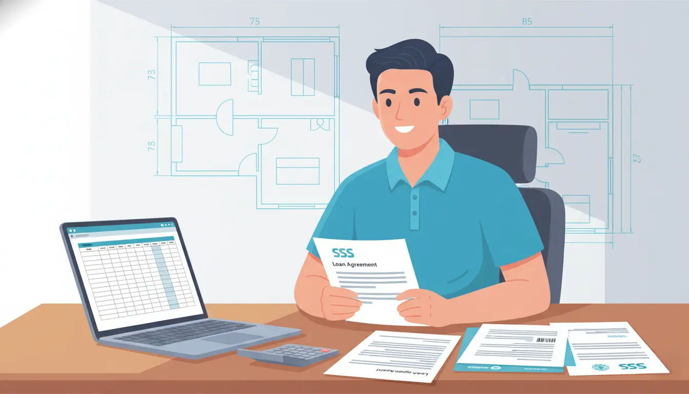 Filipino BPO worker comparing SSS, Pag-IBIG, and bank loan documents with calculator and laptop showing loan comparison spreadsheet