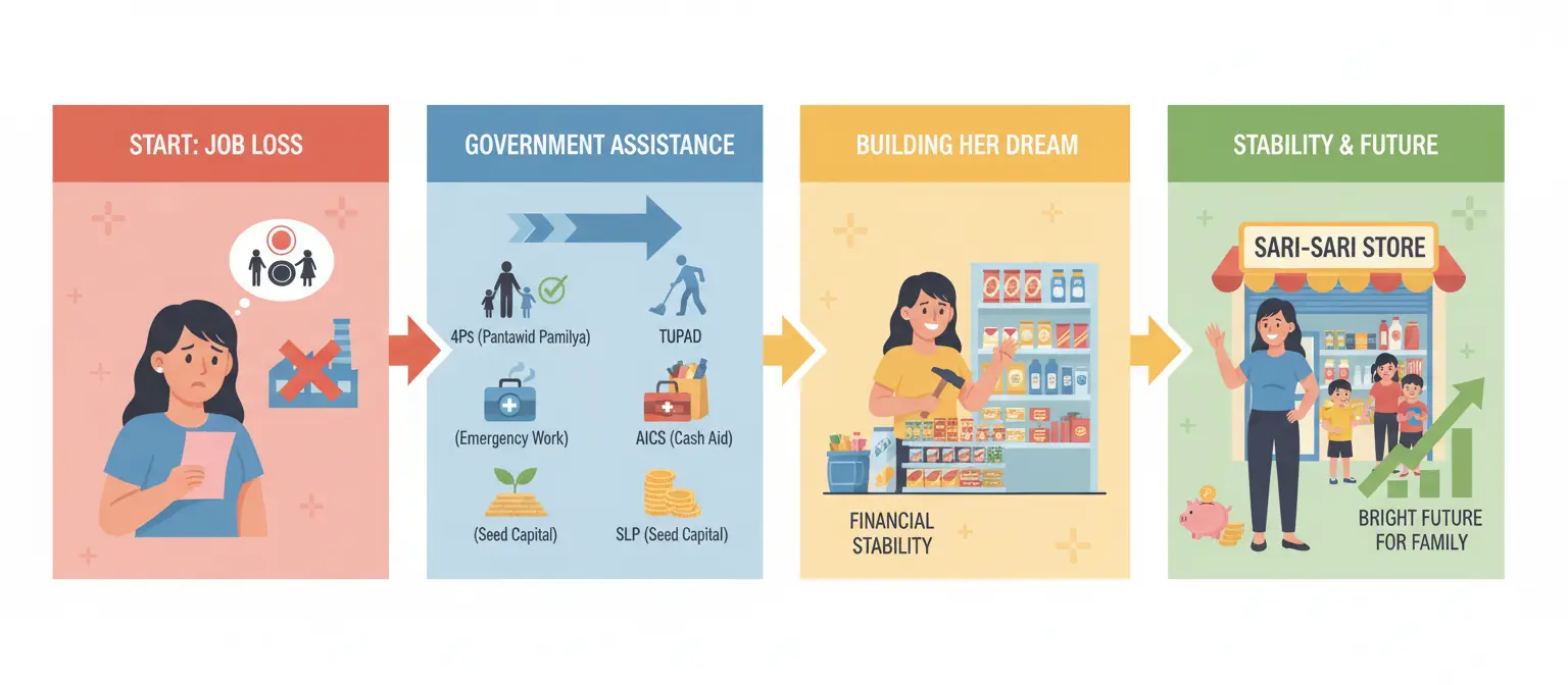 Infographic illustrating a Filipino mother's journey from job loss to stability by using government assistance programs like 4Ps, TUPAD, AICS, and the SLP seed capital grant to build a sari-sari store.
