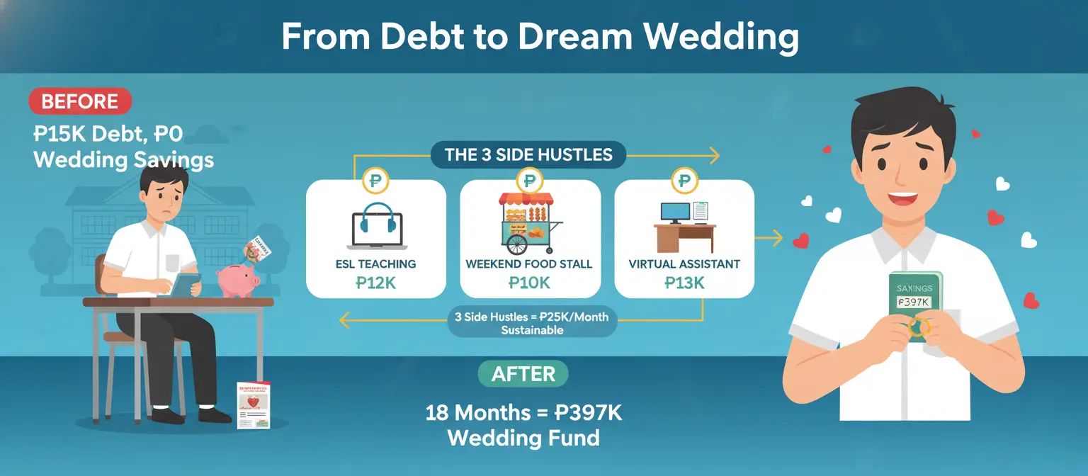 Infographic showing Filipino teacher's journey from debt to savings using 3 side hustles: ESL teaching, weekend food stall, and virtual assistant work