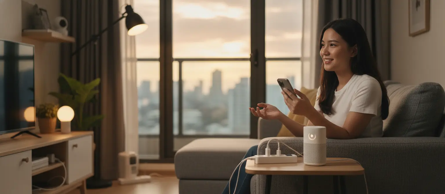 Young Filipino professional Nina (28) in her 1BR Makati condo using Google Nest Mini for voice control, with Xiaomi smart bulbs, security camera, and smart power strip visible, demonstrating affordable smart home automation on ₱15,000 budget