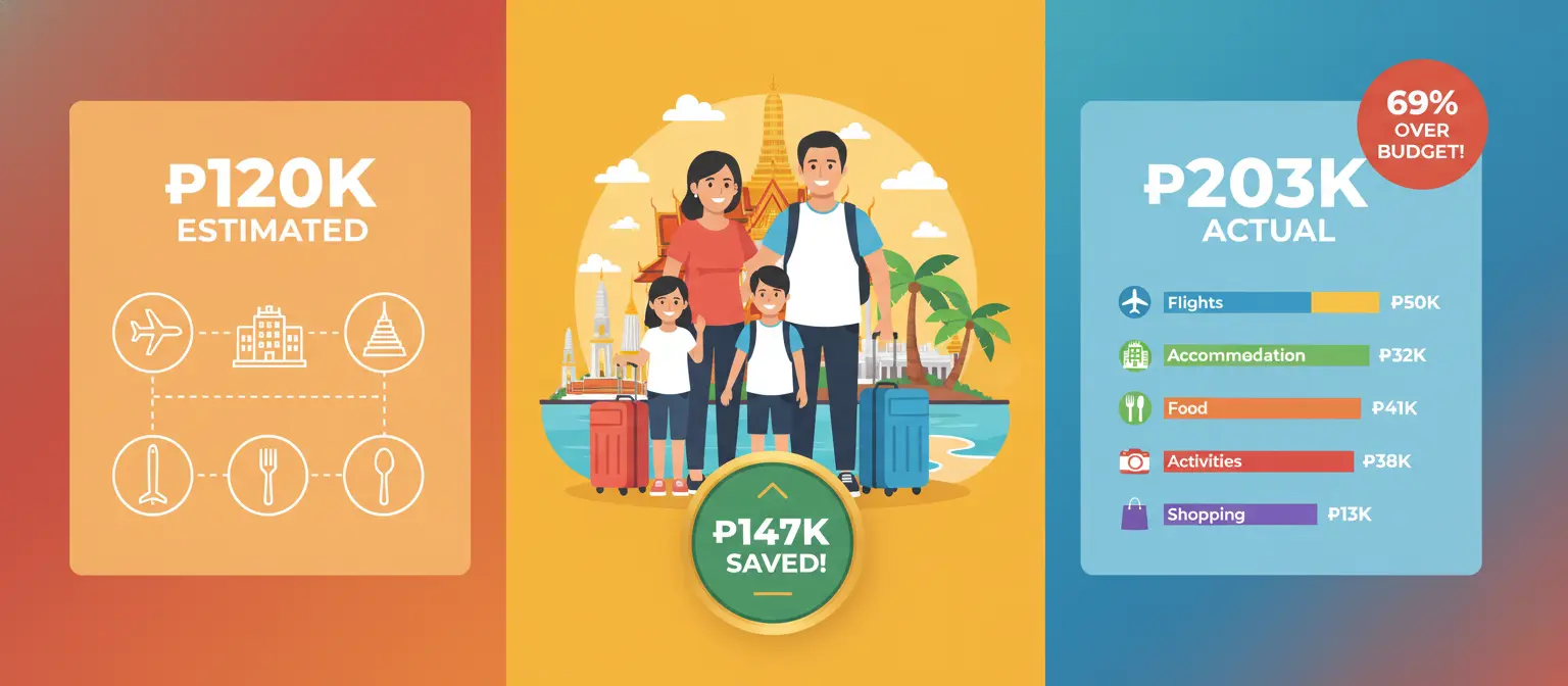 Infographic showing Filipino family's travel budget breakdown for 8-day Thailand trip: ₱202,960 total cost vs ₱120,000 estimated budget with detailed expense categories (flights, hotels, food, activities, shopping) for family of 4